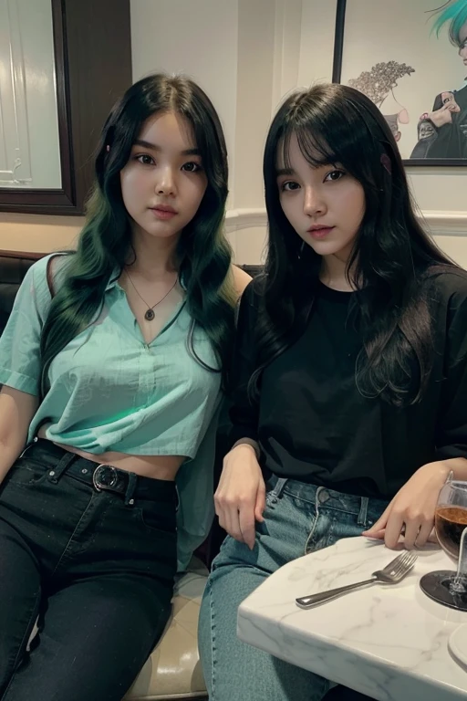 Min Yoongi with green mint hair dressed in black colour, in a date with a american girl with white skin, blue eyes and long curly hair dressed with a purple shirt and black jeans dinning in a luxurious restaurant