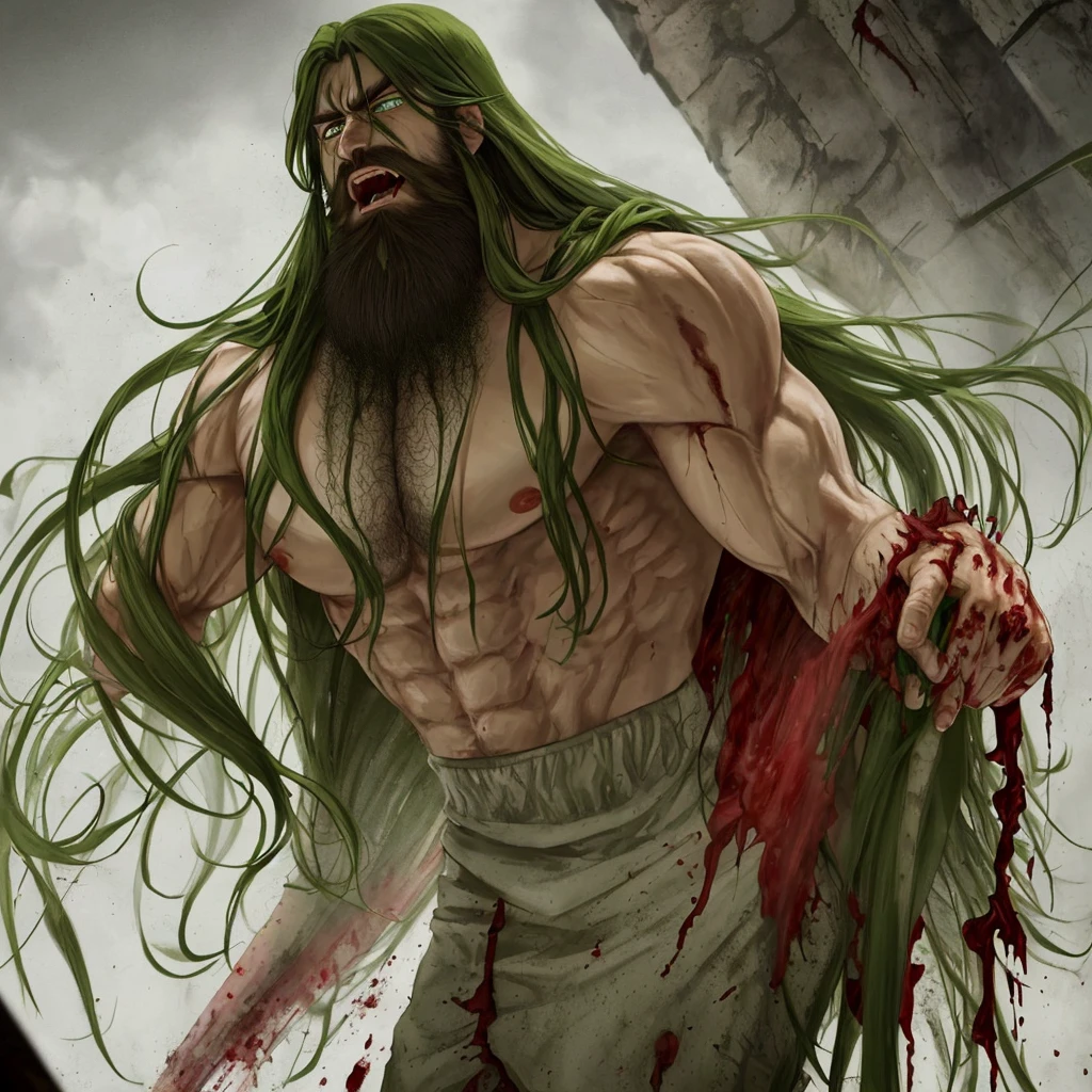 Bloody and screaming muscle god green eyes long hair beard