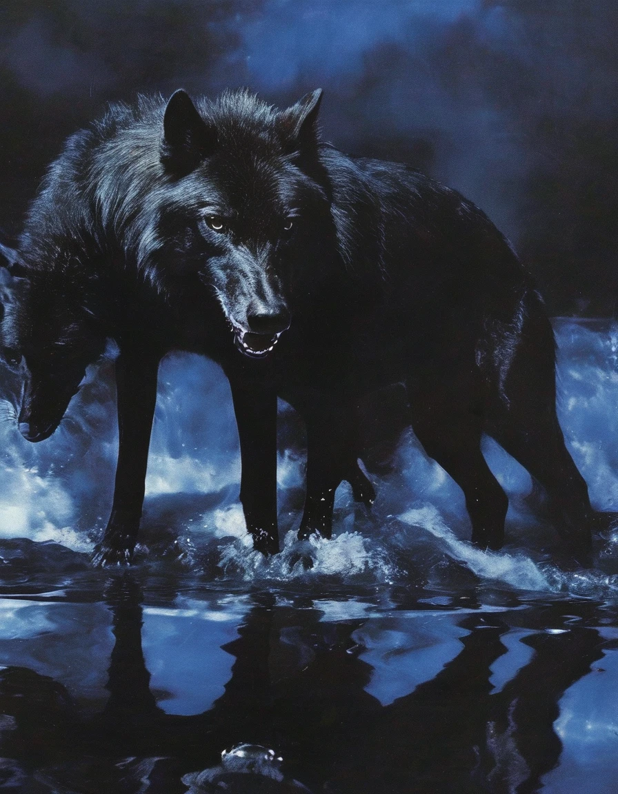 giant black wolf in water, blue sunset background