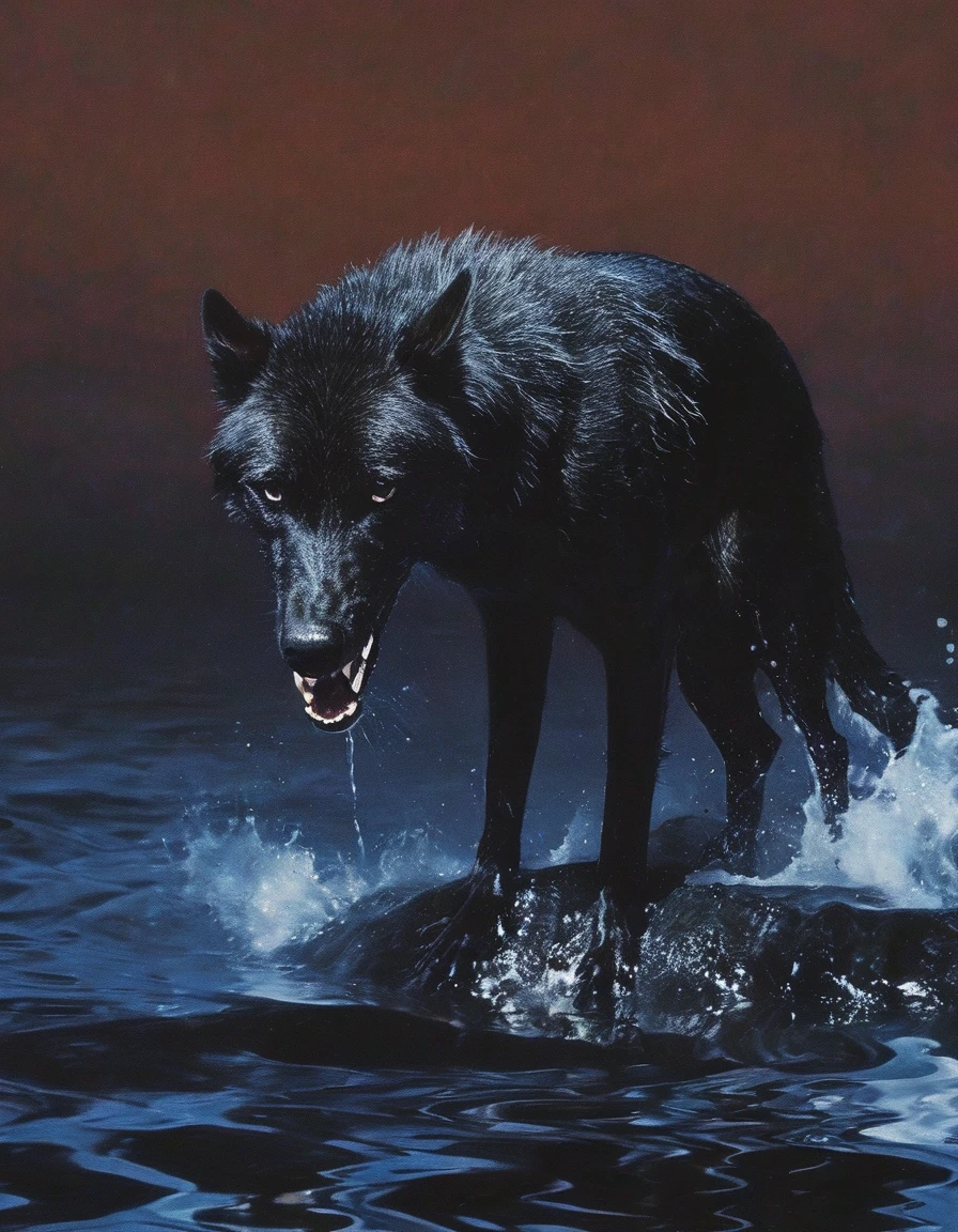 giant black wolf in water, blue sunset background