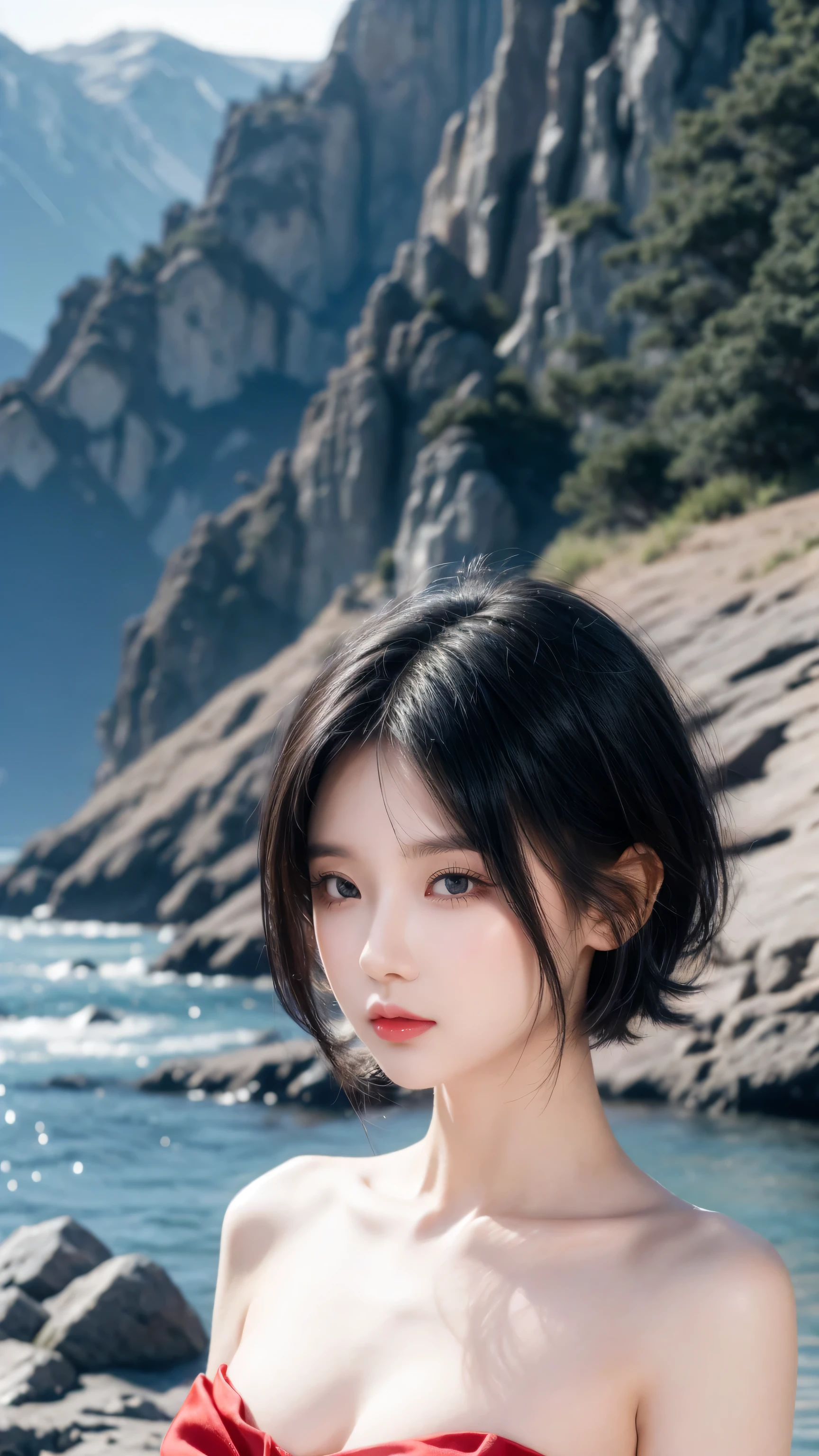 best quality, 1 Girl, dark blue hair, black eyes, Very short hair, Spiky hair, wears sweet red red dress body slim luxury,A cropped dress, 171 cm, Messy hair, Hair between the eyes, Tomboy, aldult, 20 years old, A sweet girl by the mountain