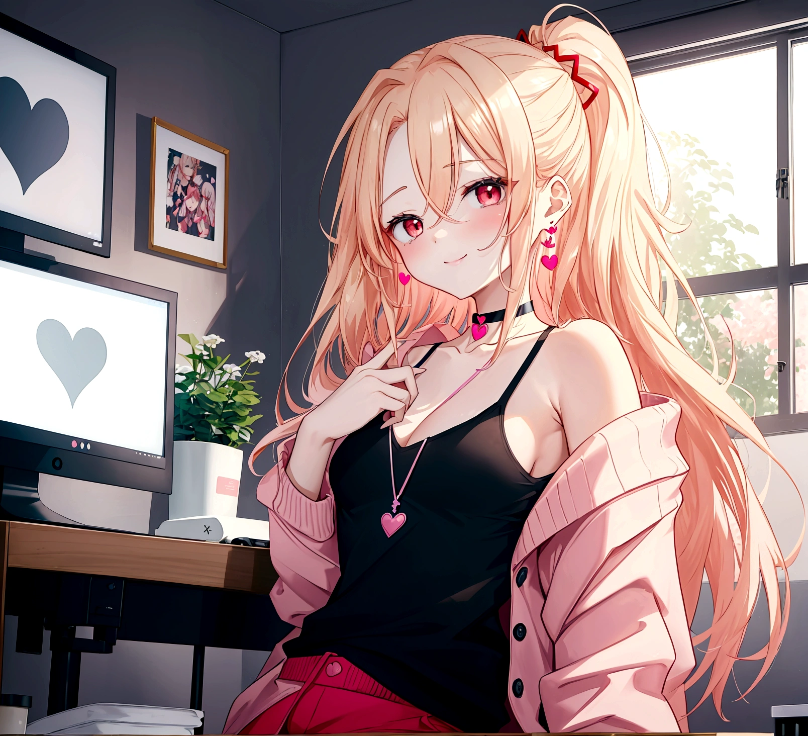 ((최고의 품질)), ((걸작)), (상세한), 여자 1명, Create an anime-style digital artwork of a character with long, straight, sleek blonde hair and bright red eyes. The character is wearing a white cardigan over a black tank top and dolphin shorts. She is accessorized with a pink heart pendant choker and long, decorative earrings. Her hair features a red heart hairpin on the side. The character is sitting in her room in front of a desktop computer, smiling warmly. The background should show a cozy room with soft lighting, with elements like a computer desk, monitor, and some personal items scattered around. The overall mood should be relaxed and inviting, capturing the essence of a casual day indoors.shiny forehead,slicked-back hair, forehead