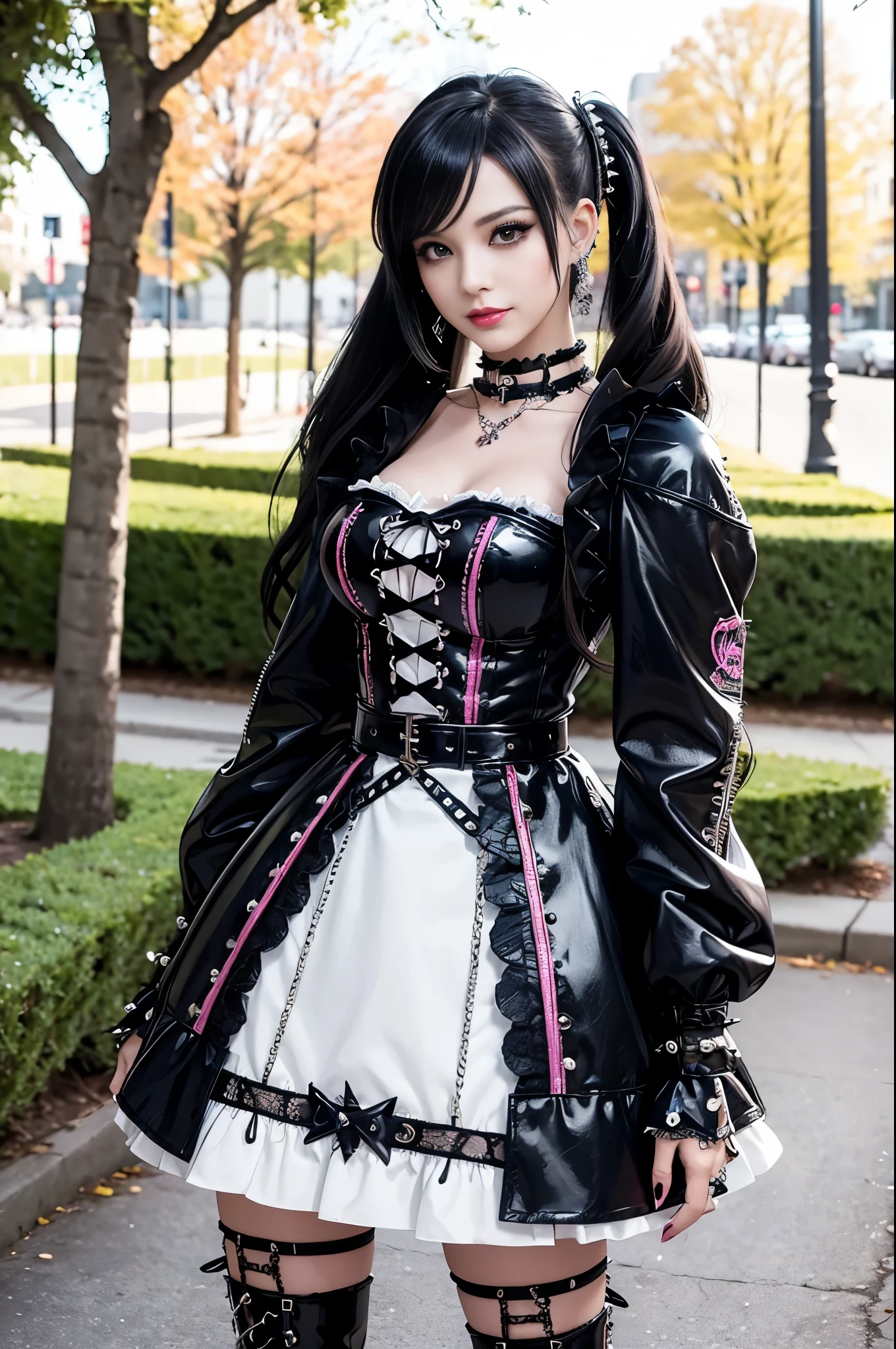 sexy stylish female model, only 1 female, ((doll-like appearance)), long stylish hair, ((shiny Punk-Style boots)), (beautiful smile), ultra detailed eyes, Punk makeup, lipgloss, ((sexy Punk ta cosplay)), unconventional skirt, petticoats, high neckline, ((ultra detailed lace)), ((ultra detailed embroidery)), intricate details, tartan patterns, safety pins, Punk Loliccessoires, short black gloves, Punk Lolita cr, ((large sparkling Punk Lolita jewel, cinematic light, detailed large park background with trees