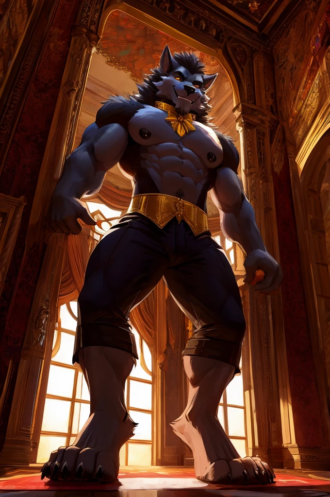 Giant Buff Werewolf Butler, Confident, Golden Eyes, Muscular, Handsome, Charming, View from Below, High Contrast, Standing over the Viewer, Macro, Inside Mansion, Gold Collar, Barefoot, Flirty