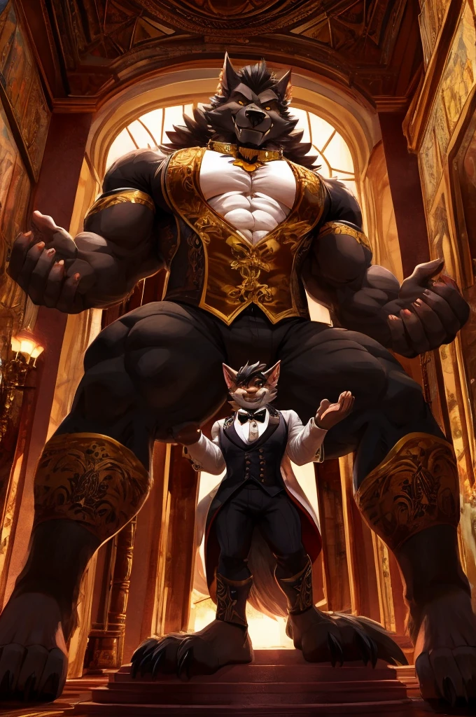 Giant Buff Werewolf Butler, Confident, Golden Eyes, Muscular, Handsome, Charming, View from Below, High Contrast, Standing over the Viewer, Macro, Inside Mansion, Gold Collar, Barefoot, Flirty