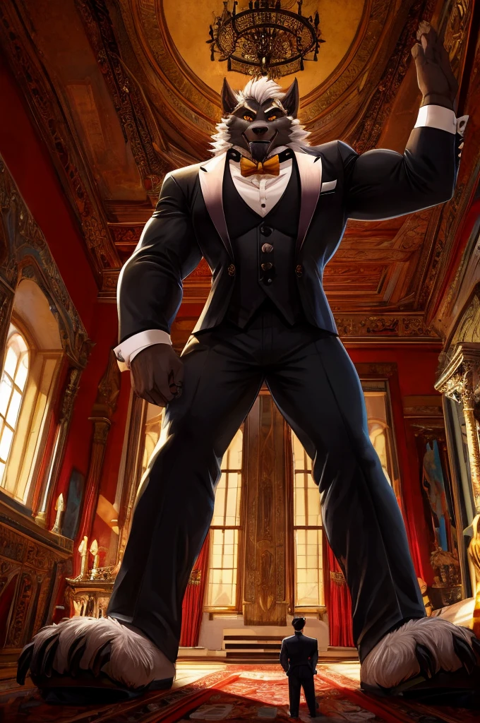 Giant Buff Werewolf Butler, Confident, Golden Eyes, Muscular, Handsome, Charming, View from Below, High Contrast, Standing over the Viewer, Macro, Inside Mansion, Gold Collar