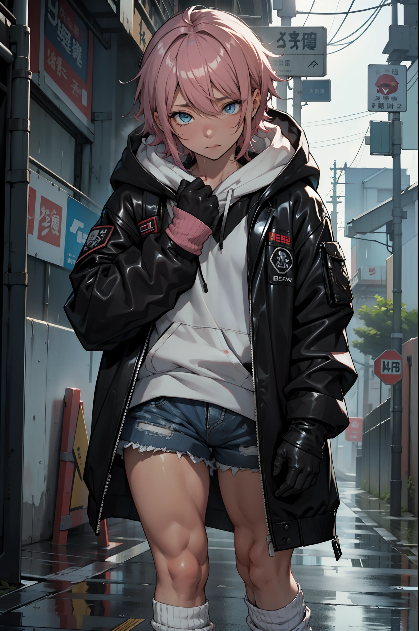Esbian all over、One Girl、Empty、Cute eyes、Well-proportioned facial features、Kamimei、Red face、Black Mask+Black mask with veloout、（Highest quality、8K resolution、masterpiece:1.3）、Focus Section： 1.2、Delicate and beautiful body 1.4、is 1.2、golden short hair 1.2、Chest 1.2、Wet clothes 1.1、rain、Street 1.3、Bando Dress 1.1、Highly detailed skin texture、I narrowed my eyes.、double eyelid、Whitening skin、Shutdown 1.3、black open finger gloves、Black leather jacket and black leather shorts、Knee-high boots、White loose socks、Digital cyber punkアート、cyber punk、Wearing a hoodie、cyber punkアート、Clear bright blue eyes、Cleans the whites of the eyes。