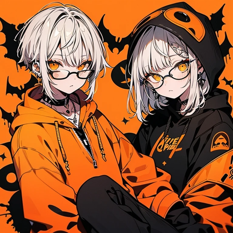 (African American Woman) , She is wearing a large orange-themed outfit.,Dressed up in a hoodie. Her laid back attitude、Vibrant,Spooky accessories. Tattoo Array,
Glasses、Silver Hair
