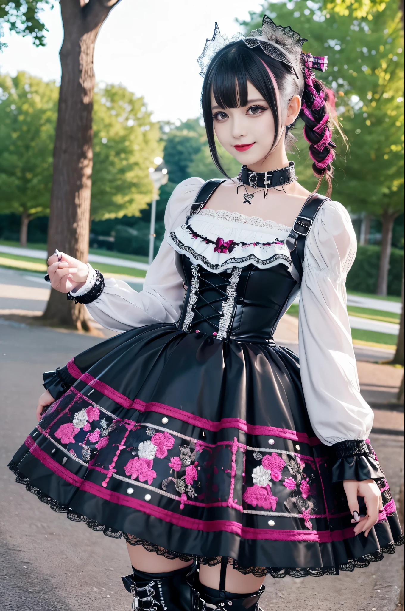 sexy stylish female model, only 1 female, ((doll-like appearance)), long dramatic stylish hair, ((shiny Punk-Style boots)), (smiling face), ultra detailed eyes, long lashes, eyeliner, ultra detailed eye-shadow, lip-gloss, ((sexy Punk ta cosplay)), unconventional skirt, petticoats, high neckline, ((ultra detailed lace)), ((ultra detailed embroidery)), intricate details, tartan patterns, Punk Loliccessoires, Punk Lolita cr, ((large sparkling Punk Lolita jewel, cinematic light, detailed large park background with trees
