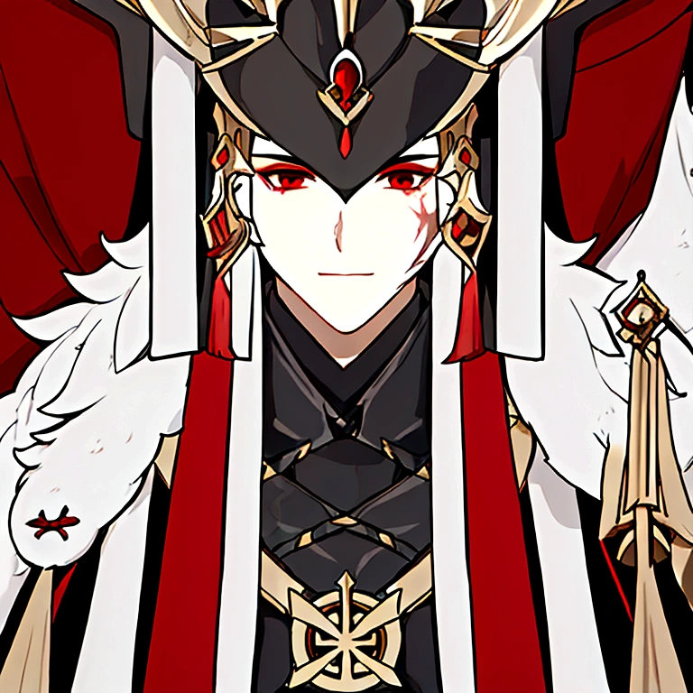 masterpiece, best quality, simple background, simple background, simple background, simple background, portrait, solo, 1boy, 30 years old, white fur coat, dark gray hair, red inserts in clothes, small inconspicuous scars on the face, dark red eyes, master of the order, muscular body, broad shoulders