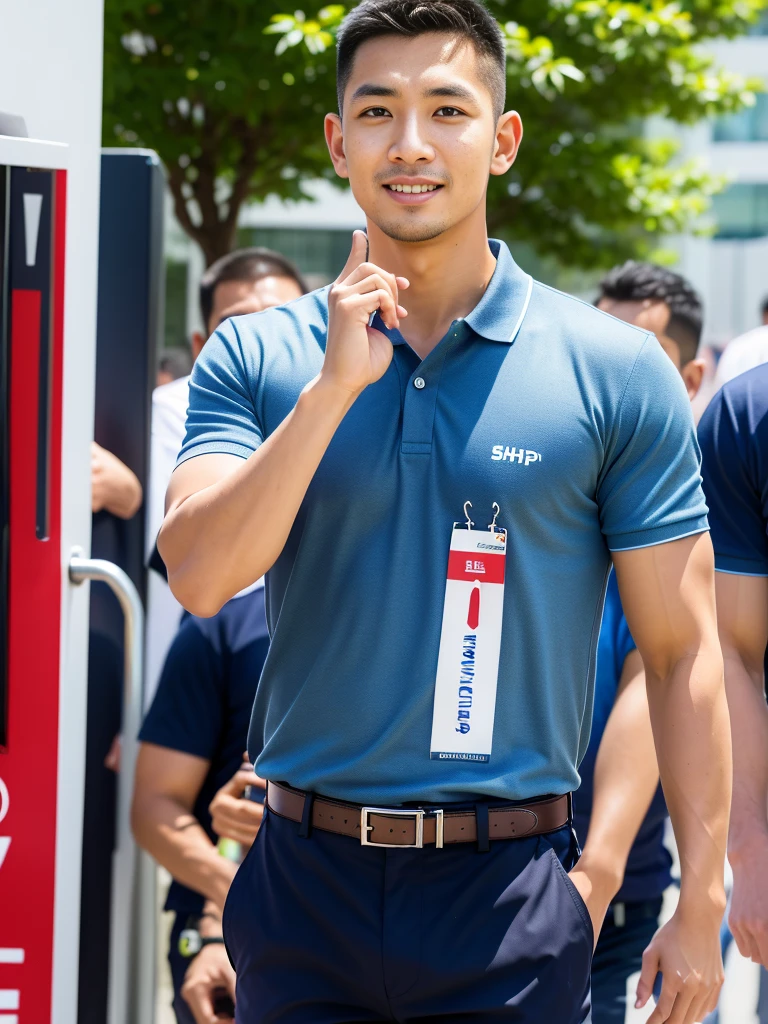 (Create a masterpiece: 1.2),(CGI art:1.3),(realistic:1.5),(After processing:1.3),(Sharp focus:1.3),10,1 man, smile, (Wear a navy polo shirt...), Navy cargo pants, Korean guy , korean men, (High gloss details), chest muscles, large arm muscles, blood vessel, Big muscles, Broad shoulders, looking at the audience, Balancing the eyes, tv, supermarket, (Make eye contact