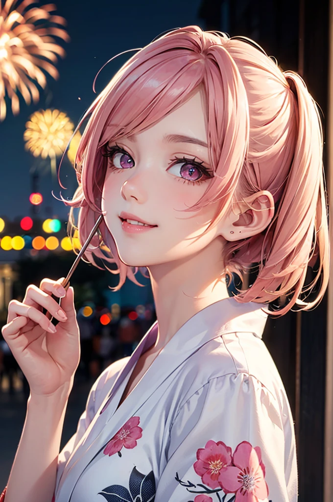 (Best Quality,High resolution,8K,finelity detailed background,Masterpiece:1.2),beautiful girl,Shiny pink hair,pony tail,Beautiful pink eyes,Gentle look,A refreshing look,Best quality,Best Quality,Aesthetic and aesthetic:1.2,Best details((Super detailed))(High-definition CG illustrations),yukata(Floral),Slender body,night,Fireworks display,Fireworks in the background,Fireworks,smile,blush,cute,Scrounge,Looking up,Being spoiled,super model