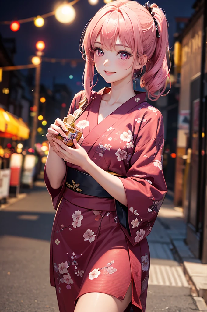 (Best Quality,High resolution,8K,finelity detailed background,Masterpiece:1.2),beautiful girl,Shiny pink hair,pony tail,Beautiful pink eyes,Gentle look,A refreshing look,Best quality,Best Quality,Aesthetic and aesthetic:1.2,Best details((Super detailed))(High-definition CG illustrations),yukata(Floral),Slender body,night,Fireworks display,Fireworks in the background,Fireworks,smile,blush,cute,Scrounge,Looking up,Being spoiled,super model