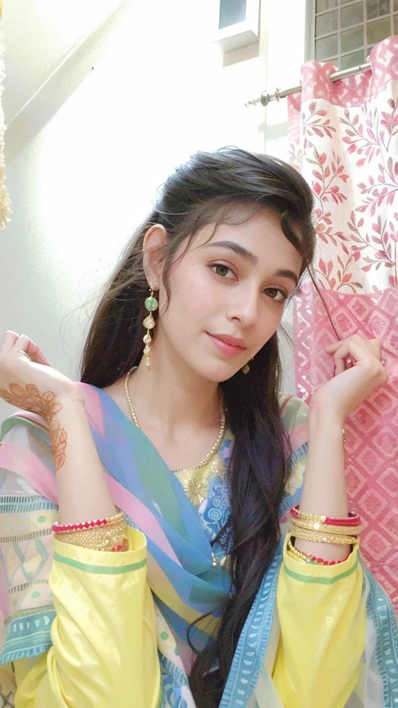 A woman with wavy, shoulder-length hair and neutral makeup poses against a plain background, wearing a light green floral lehenga with a deep neckline and a matching sheer dupatta adorned with gold embroidery. She accessorizes with a statement necklace.