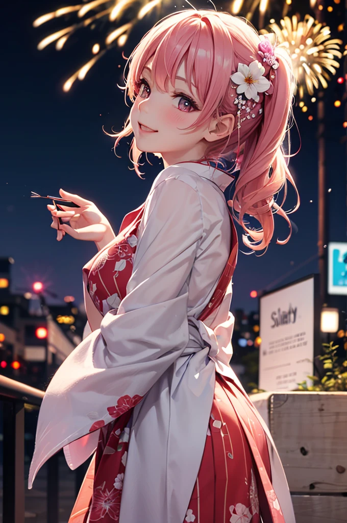(Best Quality,High resolution,8K,finelity detailed background,Masterpiece:1.2),beautiful girl,Shiny pink hair,messy hair,Beautiful pink eyes,Gentle look,A refreshing look,Best quality,Best Quality,Aesthetic and aesthetic:1.2,Best details((Super detailed))(High-definition CG illustrations),yukata(Floral),Slender body,night,Fireworks display,Fireworks in the background,Fireworks,smile,blush,cute,Scrounge,Looking up,Being spoiled,super model