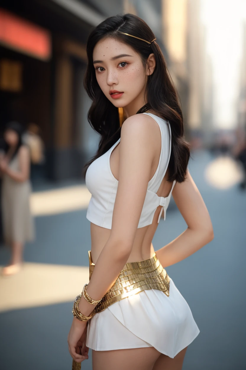 (Mai Shiraishi, white turtleneck, sleeveless, long white dress, denim shot, back shot, rear view, looking forward, (Leaning Tower of Pisa background), navel, arched back, arms up, dark brown very short hair, huge breasts, standing))), (((masterpiece, best quality, highly detailed, absurd, RAW photos, super high resolution)))), highly detailed face and skin texture, detailed eyes, sharp focus, young beautiful girl in Asia, fair skin, real human skin, oval face, pores, gentle and goddess-like eyes, lip gloss, eyelashes, glossy face, wide illumination, natural shadow, small waist, slim body, slight smile, clear facial features, beautiful face, double eyelids, drooping eyes,