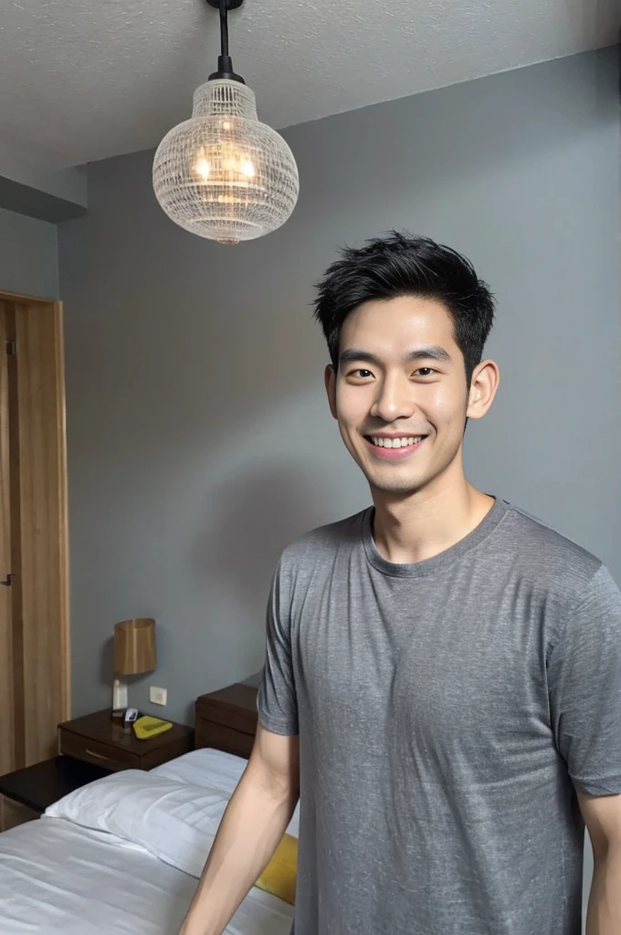 Korean man, Inspiration from Peng Yuyan, 30 years old, 236 years old, Cute Korean Face, 35 yo, 33 year old Korean muscular man，The bedroom is in the back. gray t-shirt, open mouth smile
