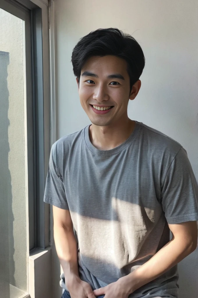 Korean man, Inspiration from Peng Yuyan, 30 years old, 236 years old, Cute Korean Face, 35 yo, 33 year old Korean muscular man，The bedroom is in the back. gray t-shirt, open mouth smile