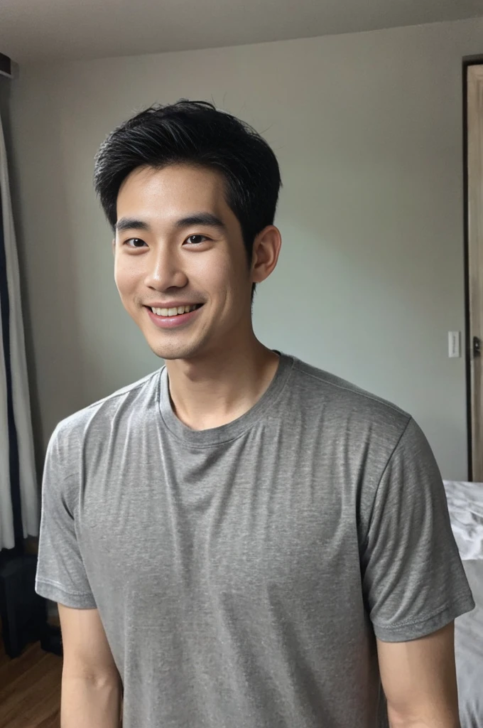 Korean man, Inspiration from Peng Yuyan, 30 years old, 236 years old, Cute Korean Face, 35 yo, 33 year old Korean muscular man，The bedroom is in the back. gray t-shirt, open mouth smile