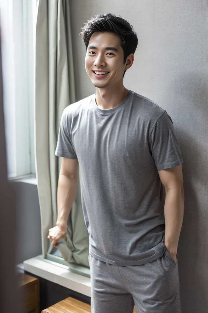 Korean man, Inspiration from Peng Yuyan, 30 years old, 236 years old, Cute Korean Face, 35 yo, 33 year old Korean muscular man,The bedroom is in the back. gray t-shirt, open mouth smile