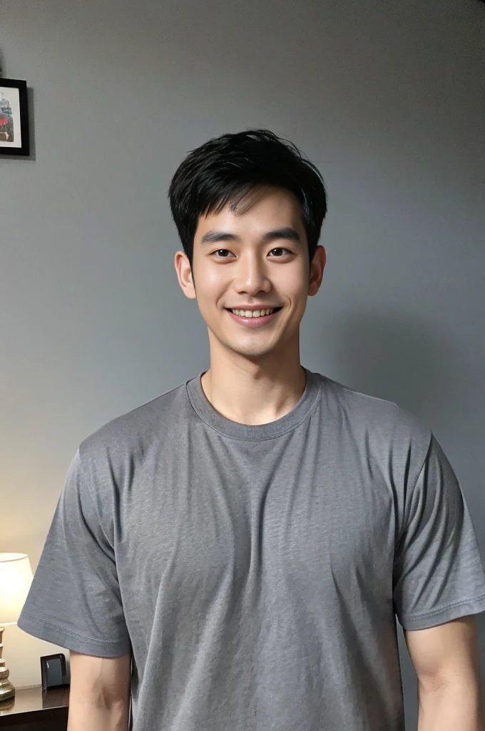 Korean man, Inspiration from Peng Yuyan, 23 years old, Korean muscular man ，The computer room is in the back, tight sports t-shirts, navy blue., open mouth smile