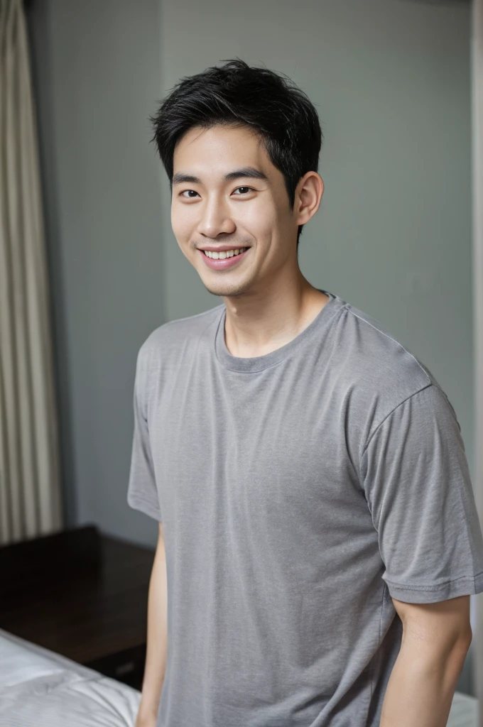Korean man, Inspiration from Peng Yuyan, 30 years old, 236 years old, Cute Korean Face, 35 yo, 33 year old Korean muscular man,The bedroom is in the back. gray t-shirt, open mouth smile