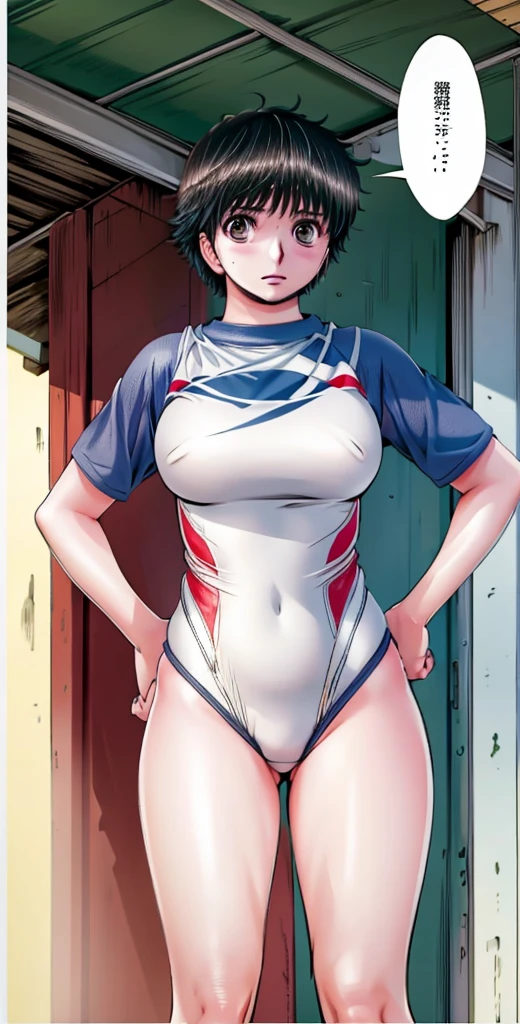A boyish, short-haired beauty with big breasts and beautiful legs is standing in a competitive swimsuit with her legs spread to the sides, hands on her hips, and a blushing face.。