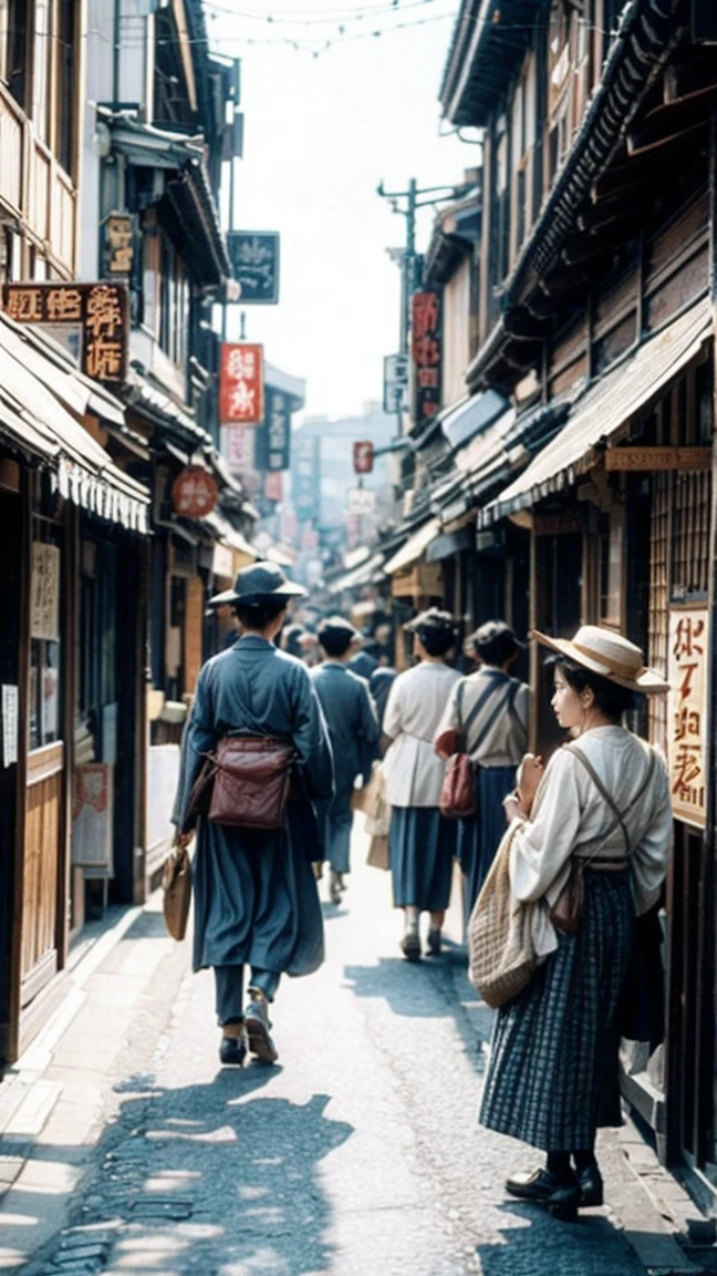 A bustling street in early 20th century Osaka, Japan. Traditional shops and signs line the street, with people in period clothing going about their day. Early 1900s aesthetic, sepia tone.