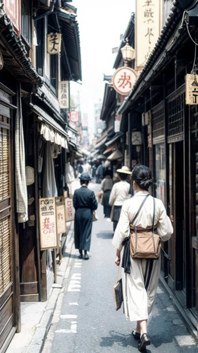 A bustling street in early 20th century Osaka, Japan. Traditional shops and signs line the street, with people in period clothing going about their day. Early 1900s aesthetic, sepia tone.