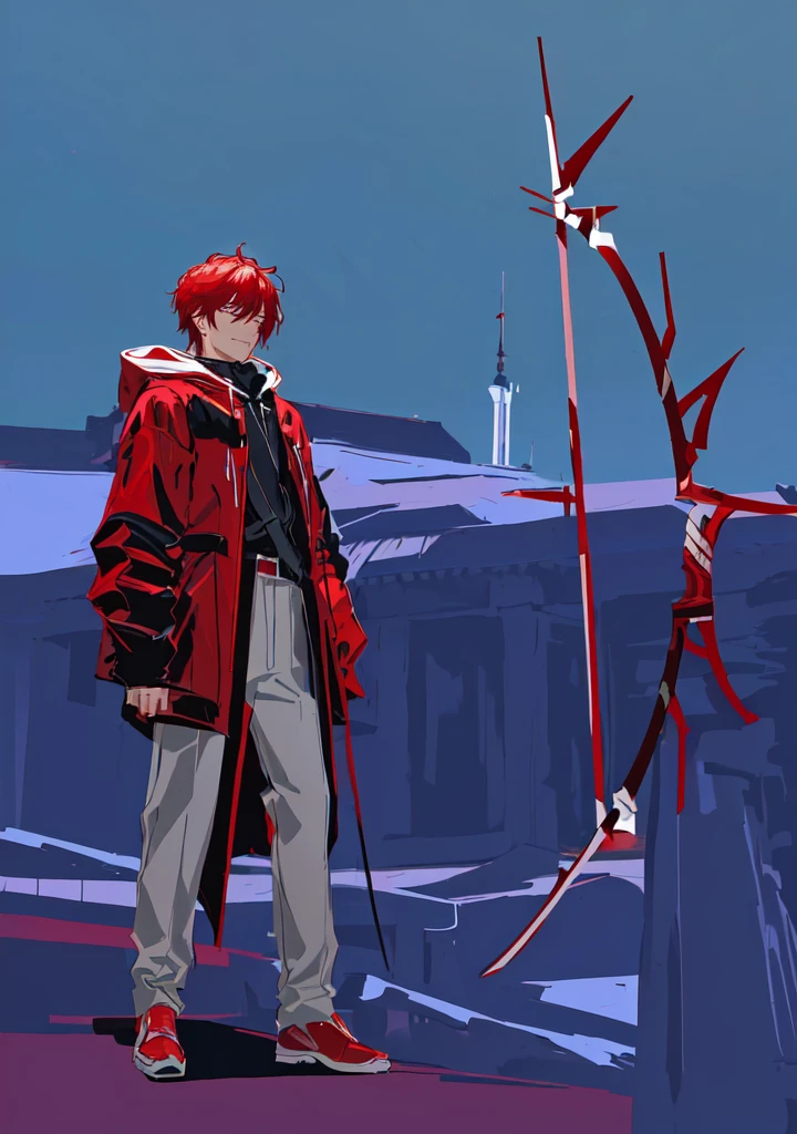 cartoon of a Man in a red and black outfit with a bow, red demon cloak, villain wearing a assassin suit, red hooded assassin, crimson attire, face hidden by hoodie cloak, archer, mask, bow in display