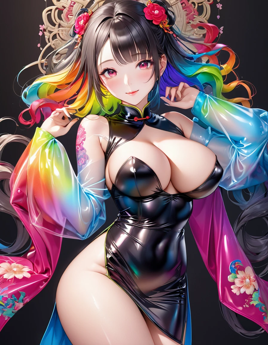 Young beautiful woman,(Highest quality,Extremely detailed depiction,Incredibly absurd high resolution,Anatomically accurate depiction,Two lovely hands, Five perfect fingers,Curvy Legs),(Glowing Skin,Shiny skin,Oilskin),(((A woman wearing a rainbow-colored cheongsam with gradient sleeves,Intricate and gorgeous embroidery,Shiny satin fabric,black tights,accessories,See-through))),eyelash,eye shadow,(Glowing pink eyes,There is cleavage in the chest,A seductive smile,Large Breasts,Glossy Lips,Shadowed face),whole body,Light blush,background:Chinese-style mansion,(From above:1.1)