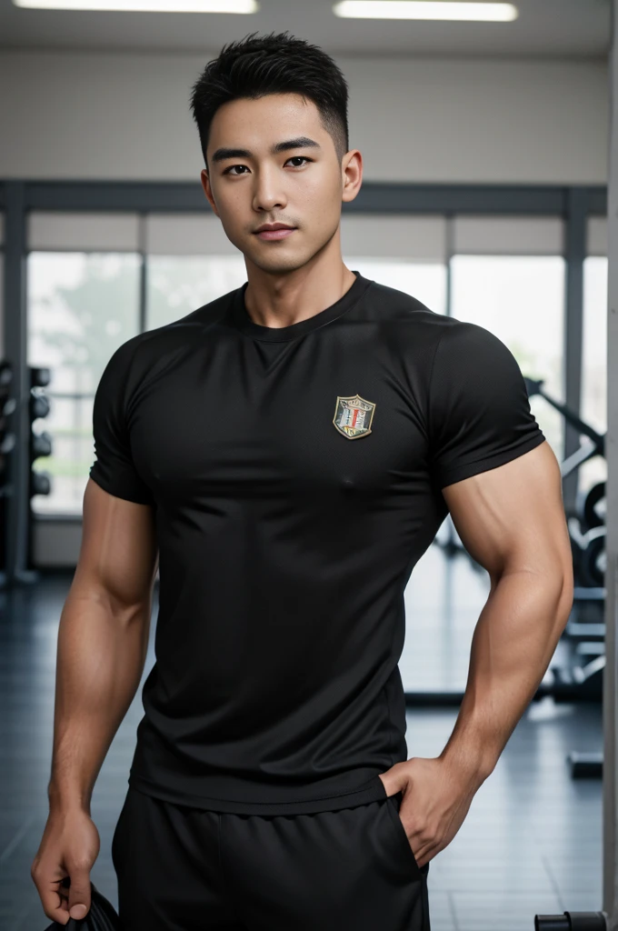 Masterpiece, best quality, high resolution, realistic, handsome, Take beautiful photos, Sayk, NRF, Photo of the 35 year old gym association (man:1.2) Portrait, standing in the gym , make military media, weight, Amazing , Buzzcut short hair,stubble head , (Hyper Muscle),looking at the audience, Flirt with the camera, charming, (Tight black exercise shirt ),(GS-Male:1), 8k uh