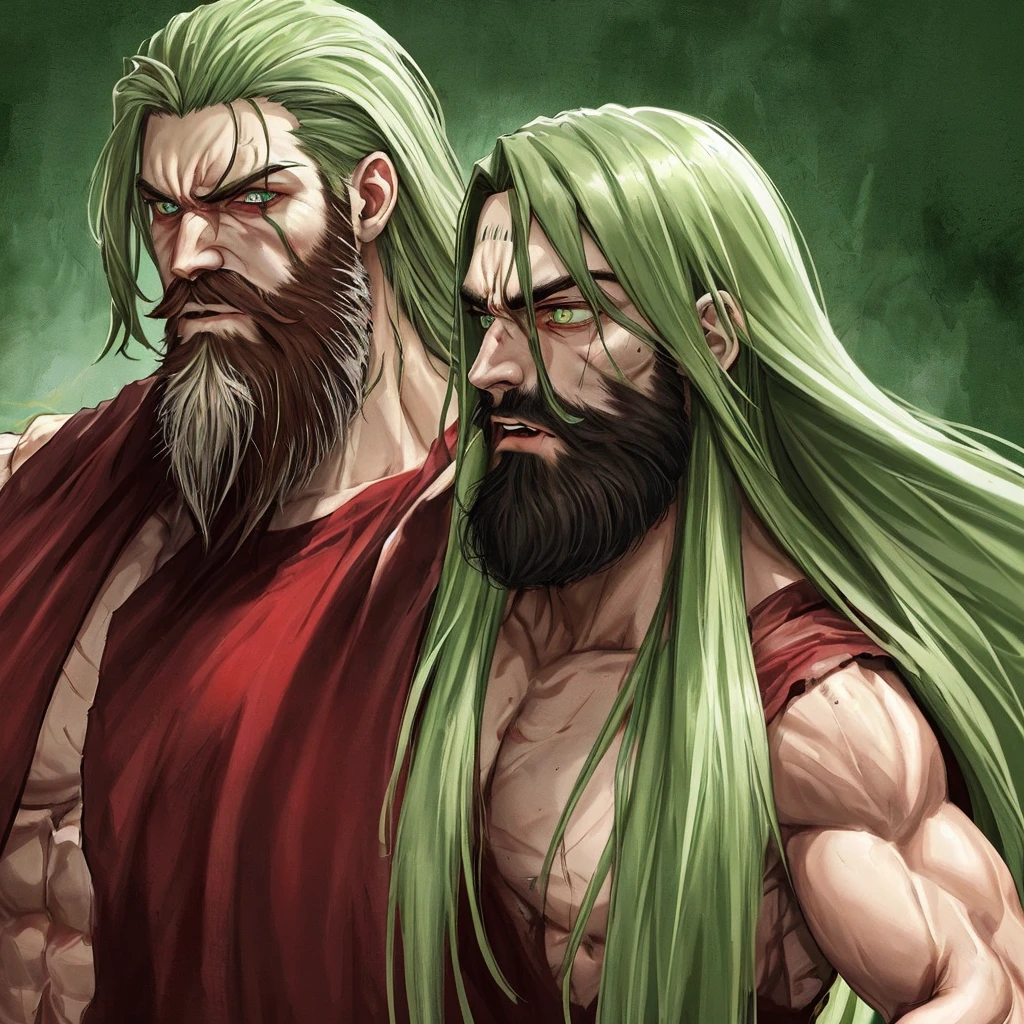 Bloody and screaming muscle god green eyes long hair beard
