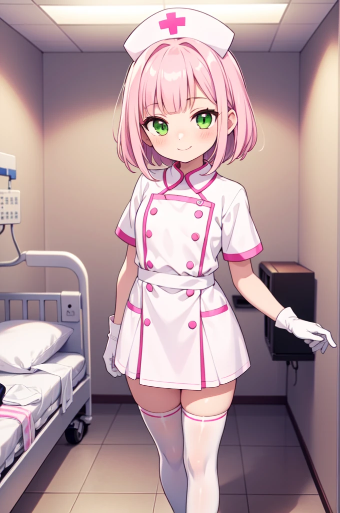 1boy, solo, male focus, nurse, white nurse cap, white nurse uniform, ((white legwear, zettai ryouiki)), white gloves, blunt bangs, pink hair, green eyes, drooping eyes, smile, standing, ((hospital room)), sharp outline, short sleeves, shota, ************, best quality, masterpiece