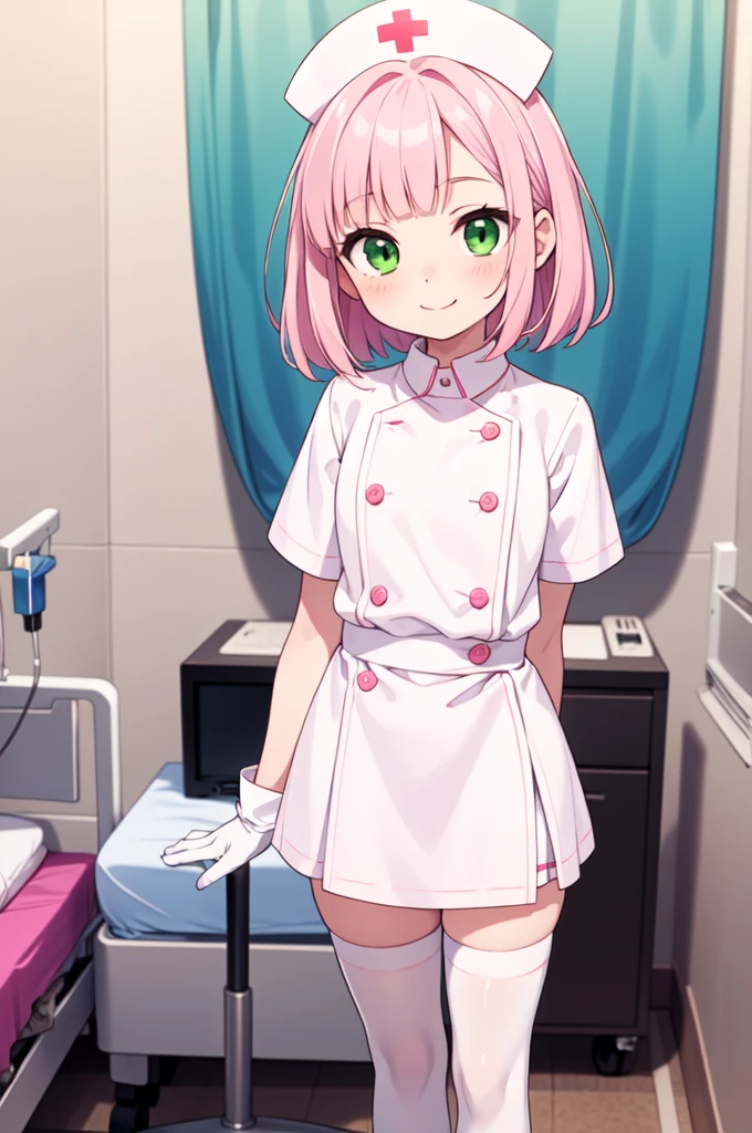 1boy, solo, male focus, nurse, white nurse cap, white nurse uniform, ((white legwear, zettai ryouiki)), white gloves, blunt bangs, pink hair, green eyes, drooping eyes, smile, standing, ((hospital room)), sharp outline, short sleeves, shota, 12 years old, best quality, masterpiece