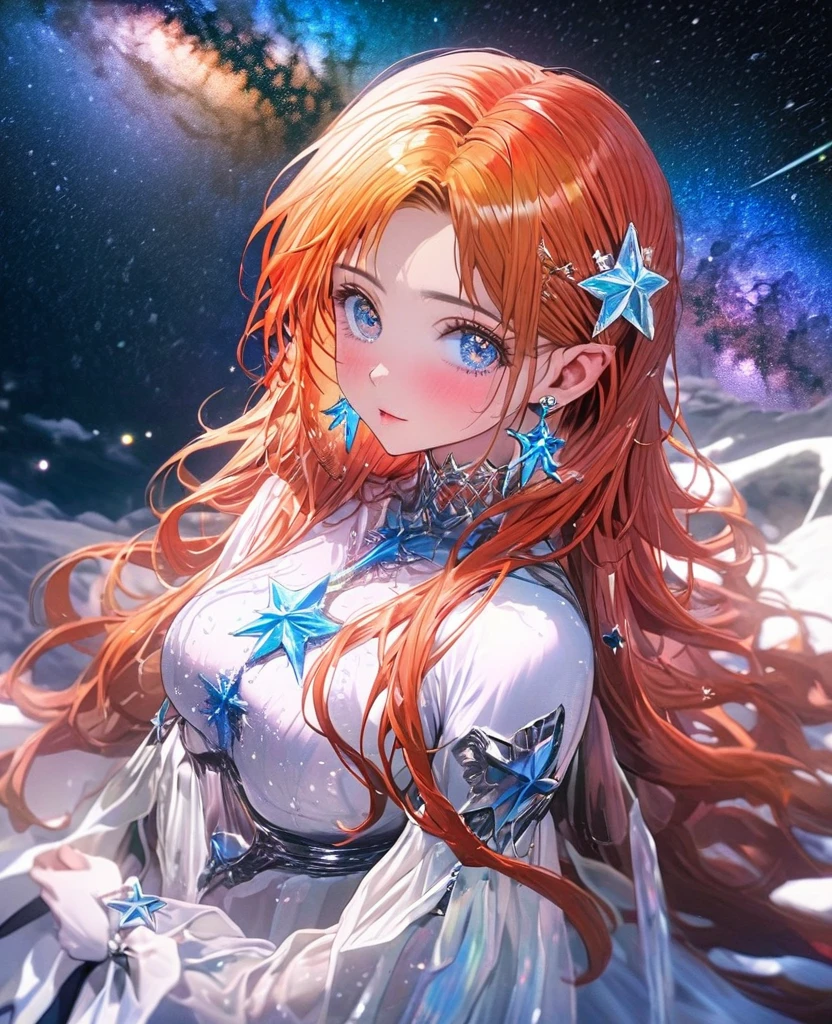 8K,gal，an extremely delicate and beautiful,Beautiful and realistic skin,Shiny jewel-like earrings,Long colorful hair,beautiful eyes,full body,head to toe,beautiful regs,orihime,beautiful milky way,beautiful tinkle stars ,Star of the sky
