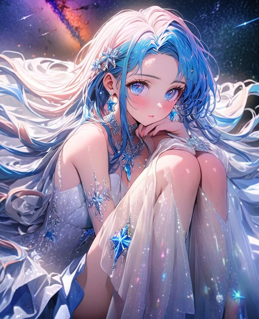 8K,gal,an extremely delicate and beautiful,Beautiful and realistic skin,Shiny jewel-like earrings,Shine like glitter long blue hair,beautiful eyes,glitter background,full body,panties