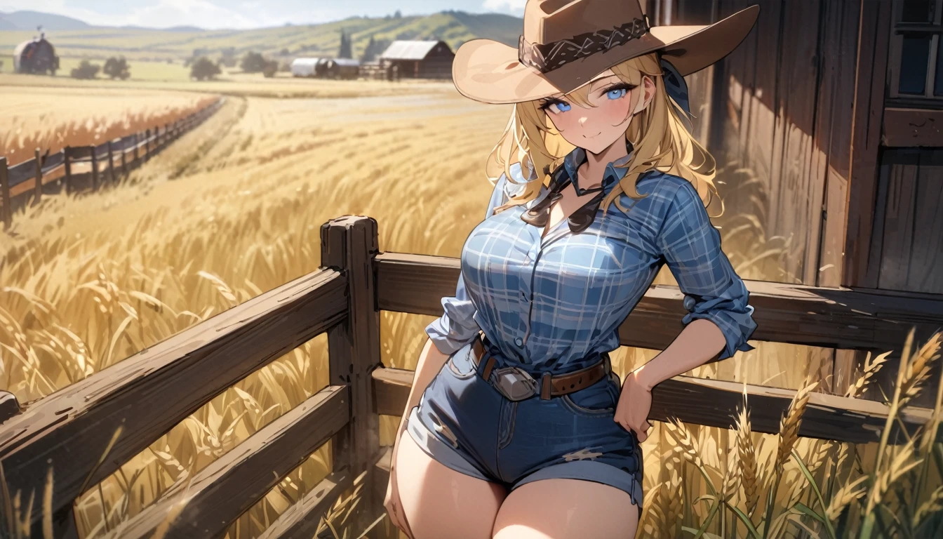 ((best quality)), ((masterpiece)), ((detailed)) woman, long blonde hair, bright blue eyes, soft smile, kind, pretty, curvy, cowgirl, cowgirl boots, western hat, flannel shirt tucked into jean shorts, cowgirl belt, bandana around neck, ranch hand, leaning against fence, wheat field, barn in distance