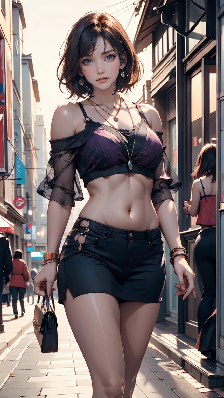 Korean girl walking down the street, Cinematic soft lighting glow effect、Sexy proportions、erotic、adult、Narrow waist、Narrow waist、Long eyelashes、Perfect makeup、Wear a one-shoulder top、Shortcuts((short hair))、Purple inner color、necklace、Accessories on your wrist、I can see my belly button、Toned body、Low-rise andals with heels、smile