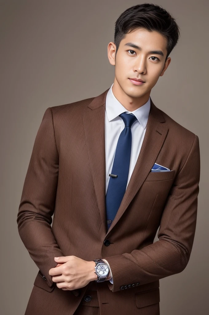 Brown striped suit、 30-year-old handsome employee、The hair is neat.It is not advisable to cut the beard short.no beard. (Super handsome S-class suit man)、 Japanese male, 30 years old、 merchant、 Super Deluxe Set、 office、 Stand up in a suitSyoung handsome man、 full body image、 (CG Unity 8K High Detail Photo)、 (a very detailedSThe most handsome boy in the class)、 (Photos are real)、 ((top quality))、 super detailed、 (Masterpiece)、 super high quality、 High、 audience、 gentleman、 very beautiful hair、 short hair、 bright photos、 As handsome as a model、 As handsome as an idol、 Luxury watches、 Eyes balanced looking at the audience with a slight smile