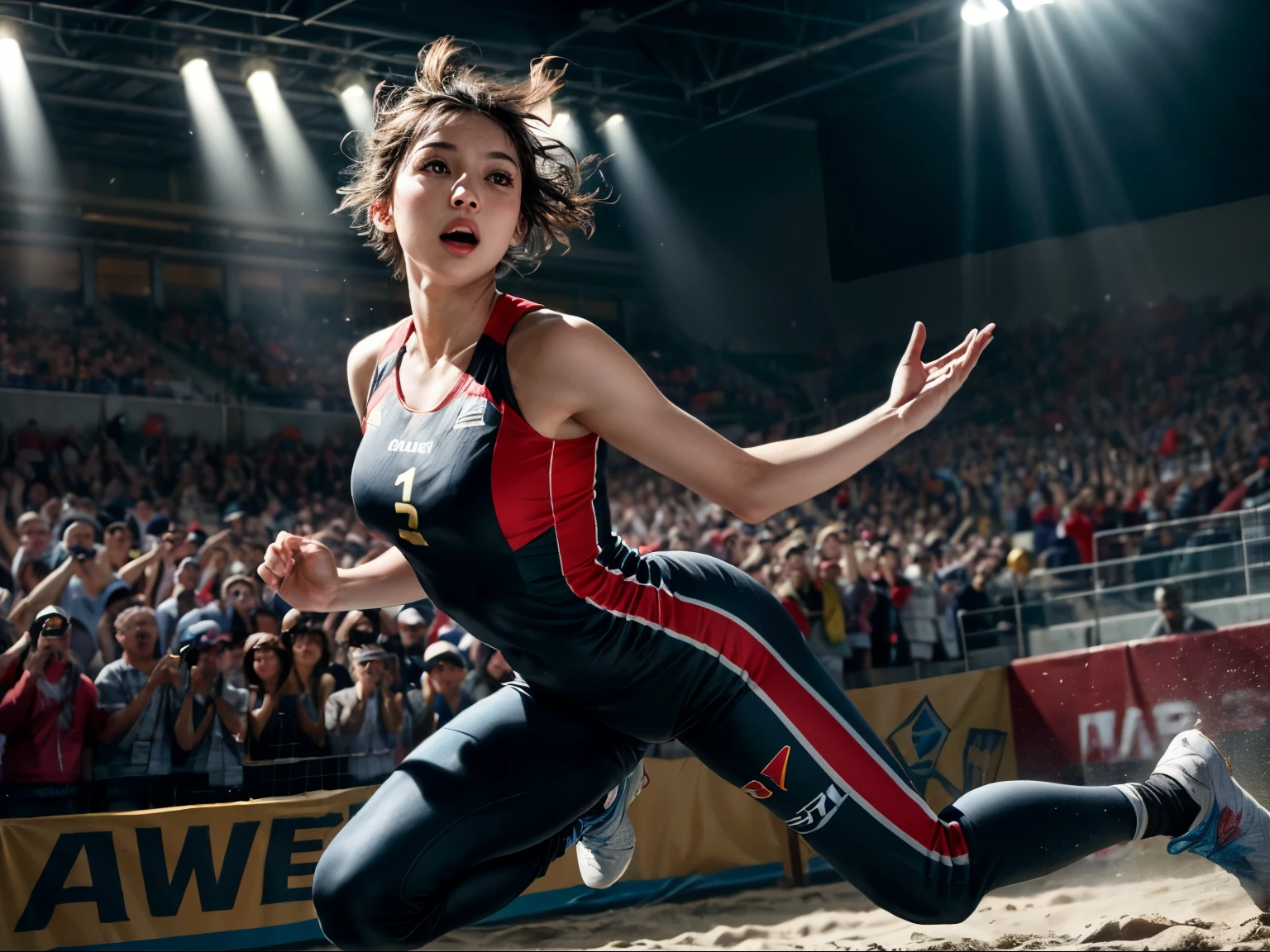 modern style,Realistic,Real,Photorealistic,Actual photo,colorful,One Athlete,Long Jump,Flying through the air, he landed on the sand in a forward-leaning position.,Uplifting,
It seems like a good record,
Athletes are happy,Guts pose,Dynamic,
The crowd cheers him on.,yell,Standing ovation,
Loud cheers,Vigorously,Solidarity,Gentle space,
Detailed Description,
Perfect face and body,Detailed face,Perfect Anatomy,Beautiful Face,
masterpiece,Highest quality,8K,High resolution,Raw photo,
Award-winning,Browsing Caution,
Warm tones,
Cinematic lighting,Spotlight on her,
Eye Level Shot,Horizontal Position,
Medium Shot,
Physically Based Rendering,
Thin contours,
