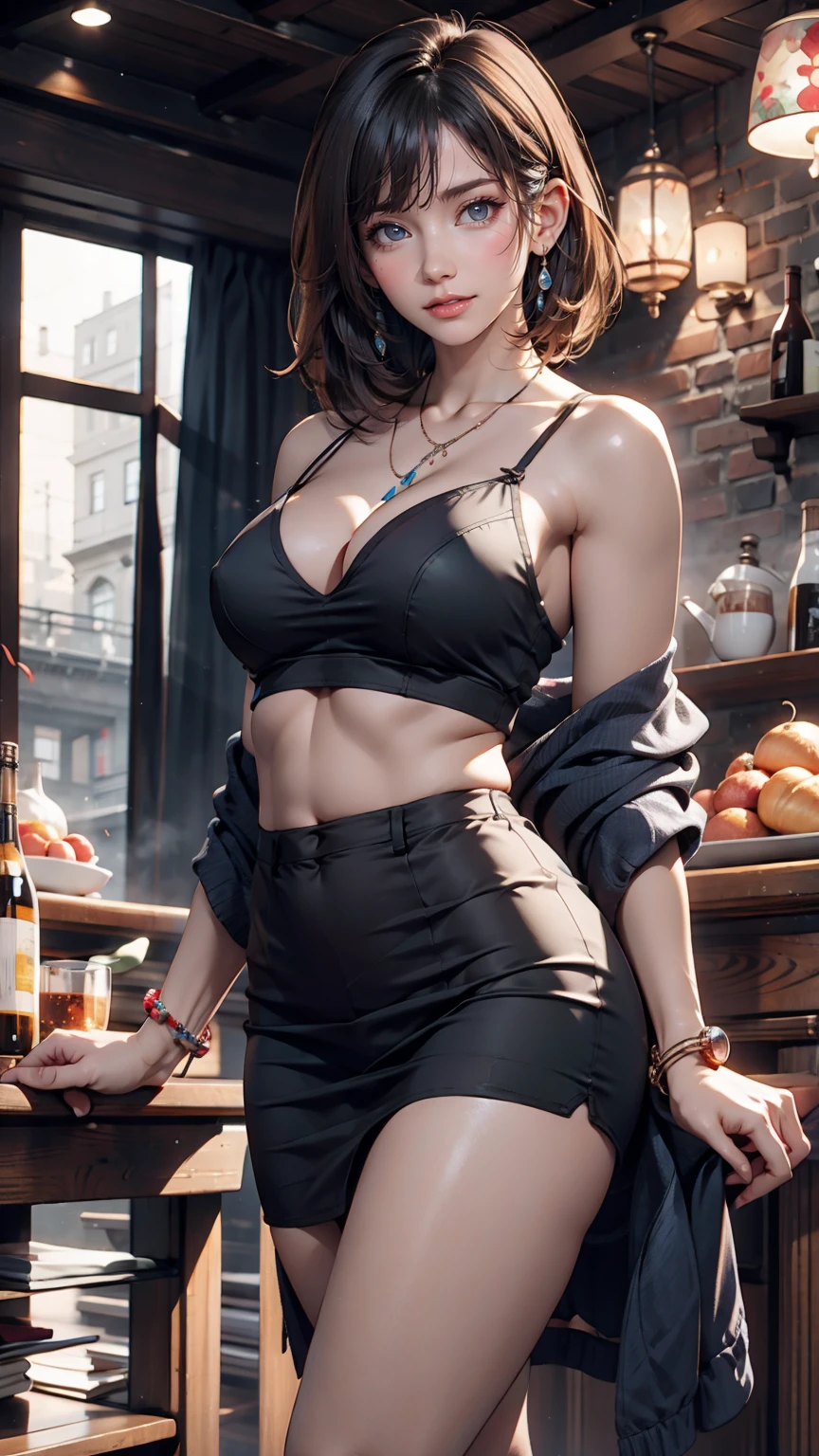 Korean girl walking down the street, Cinematic soft lighting glow effect、Sexy proportions、erotic、adult、Narrow waist、Narrow waist、Long eyelashes、Perfect makeup、Wear a one-shoulder top、Shortcuts((short hair))、Purple inner color、necklace、Accessories on your wrist、I can see my belly button、Toned body、Low-rise andals with heels、smile