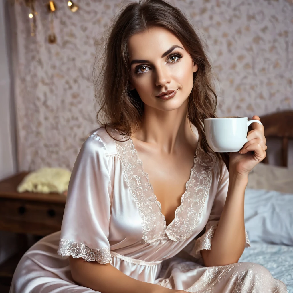 stubble beard woman with mustach, brown hair, amber eyes, in nightgown, drinks coffee