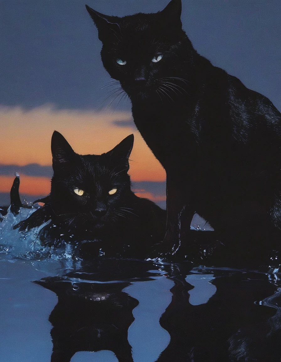 black cats in black water, sunset background
