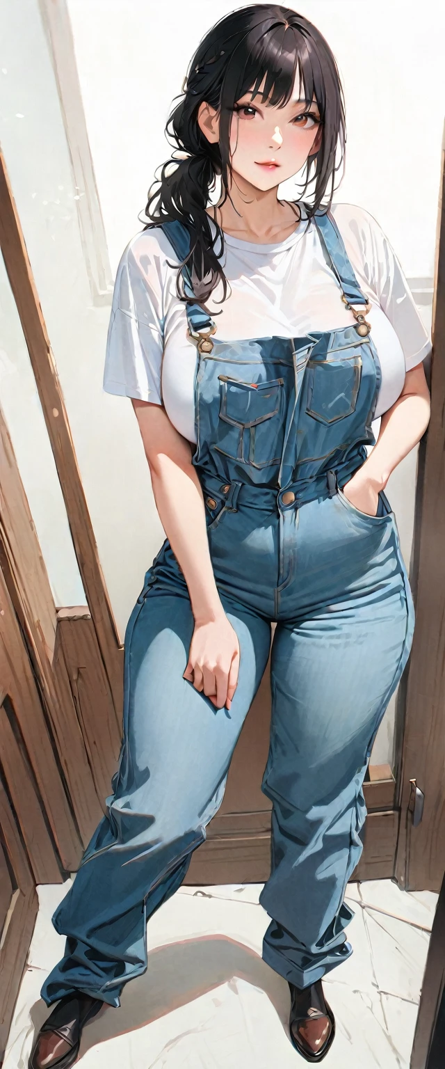 30 years old,1 mature woman,hyperrealistic, 8k, (extremely detailed 8k), (very delicate and beautiful), (masterpiece), (better quality:1.0), (ultra high resolution:1.0), (masterpiece, best quality),cute,black hair,big breasts,ponytail,POV,overalls,full body,white background,