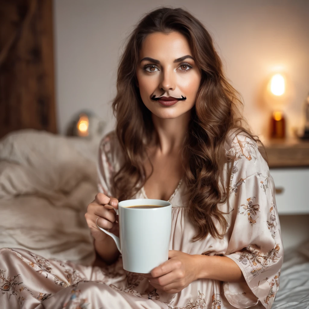 stubble beard woman with mustach, brown hair, amber eyes, in nightgown, drinks coffee