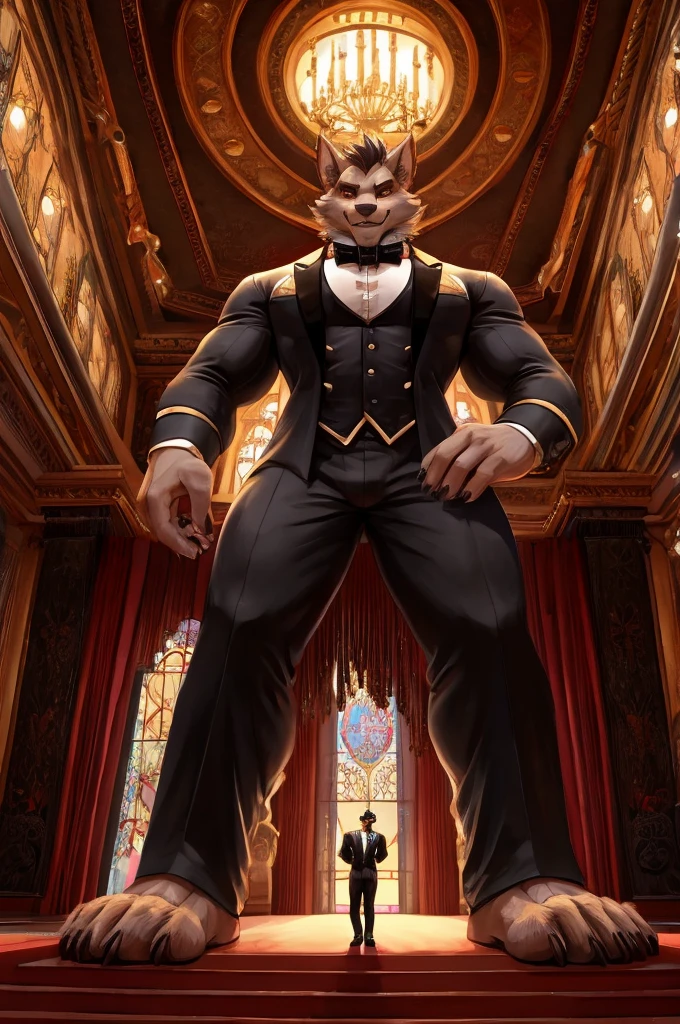 Giant Buff Werewolf Butler, Confident, Golden Eyes, Muscular, Handsome, Charming, View from Below, High Contrast, Standing over the Viewer, Macro, Inside Mansion, Gold Collar, Barefoot, Flirty