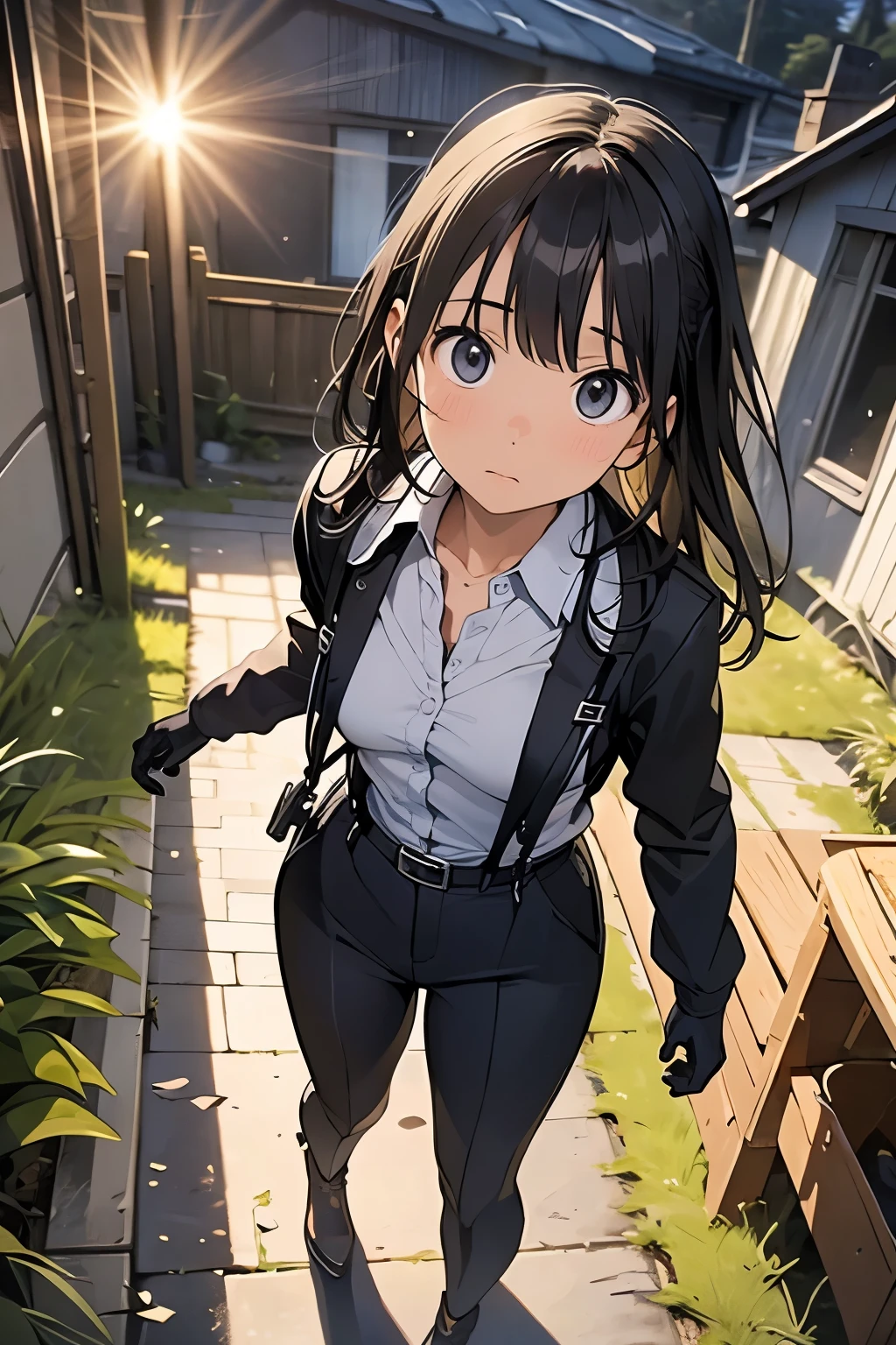 high quality, masterpiece, Ultra-high resolution, (realism: 1.4), Oil painting style, Cinema Lighting, An endless grassland dotted with a few houses, I stood on the empty asphalt road and looked at it., Fairy Mountain々was shrouded in mist, And the suspenders with the cranes flying Moderate breasts Small face holster Lying in bed Looking up Sweat belt summer 脇Sweat Black Hole Gloves suit shirt Black jacket Black trousers Leg Links ズボンにbelt holster Hands behind your back Anxious expression Looking up Anxious face