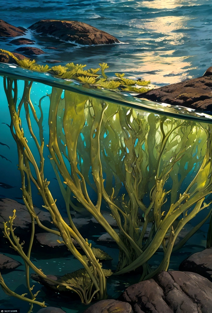 Create a close-up image of Bladder Wrack seaweed kelp floating in the water along a rugged coastline. The scene should show the intricate details of the seaweed's long, yellow fronds and its distinctive, bulbous air bladders. The water should be clear, allowing the textures and colors of the Bladder Wrack to be seen clearly. The fronds should be floating gracefully in the shallow, sunlit water, with the rocky shoreline visible in the background. Highlight the ethereal, almost otherworldly appearance of the seaweed as it glistens and sways gently in the current. The atmosphere should convey the serene and mystical beauty of the coastal environment, with the play of light and shadow on the water and the seaweed.