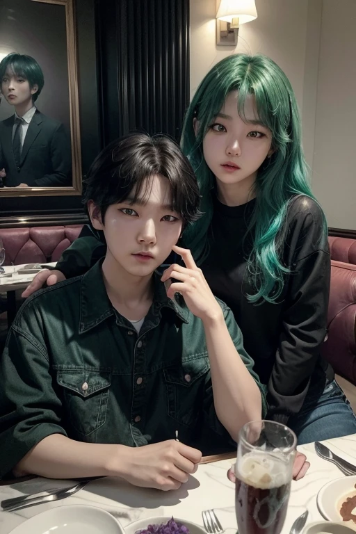 Min Yoongi from korean group bts with green mint hair dressed in black colour, in a date with a american girl with white skin, blue eyes and long curly hair dressed with a purple shirt and black jeans dinning in a luxurious restaurant